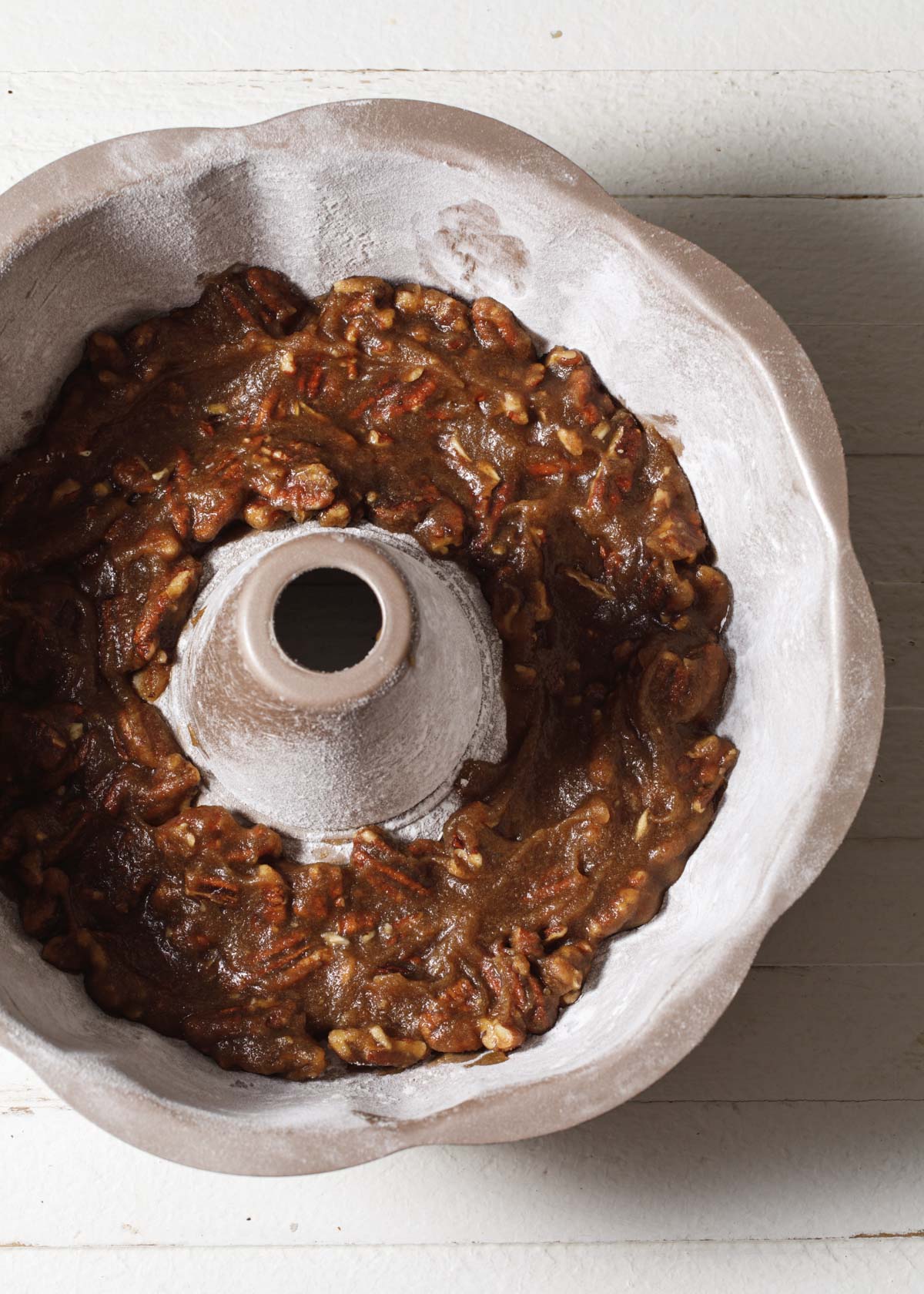 Pecan topping in the bottom of a bundt pan