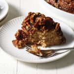 A slice of pecan upside down cake