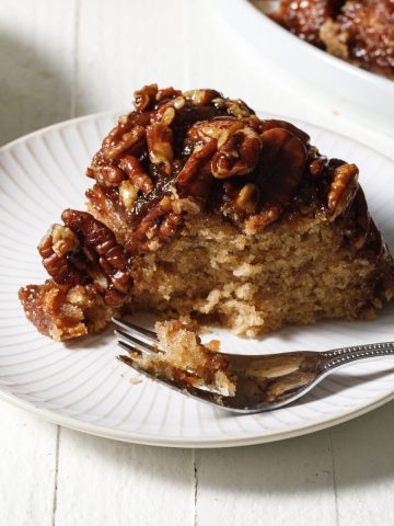 A slice of pecan upside down cake