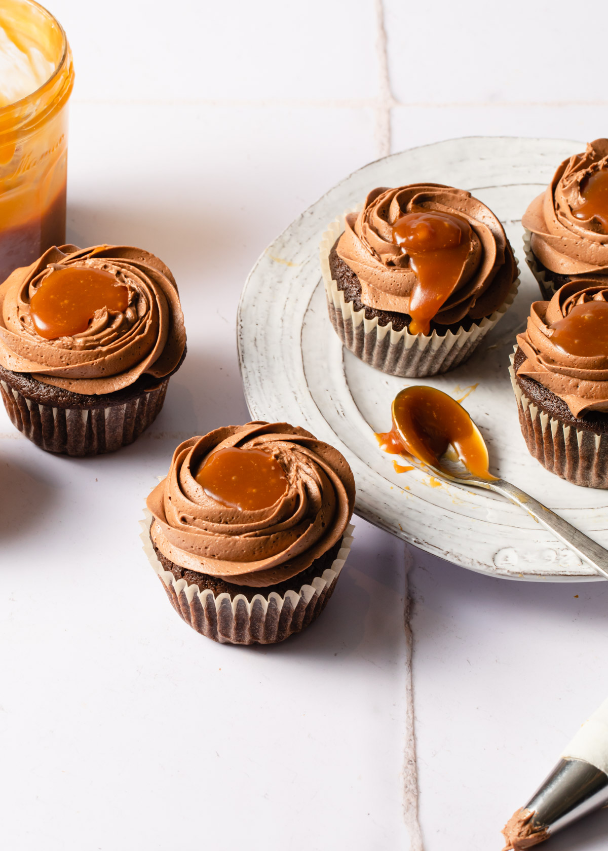 Chocolate cupcakes with dollops of caramel on top