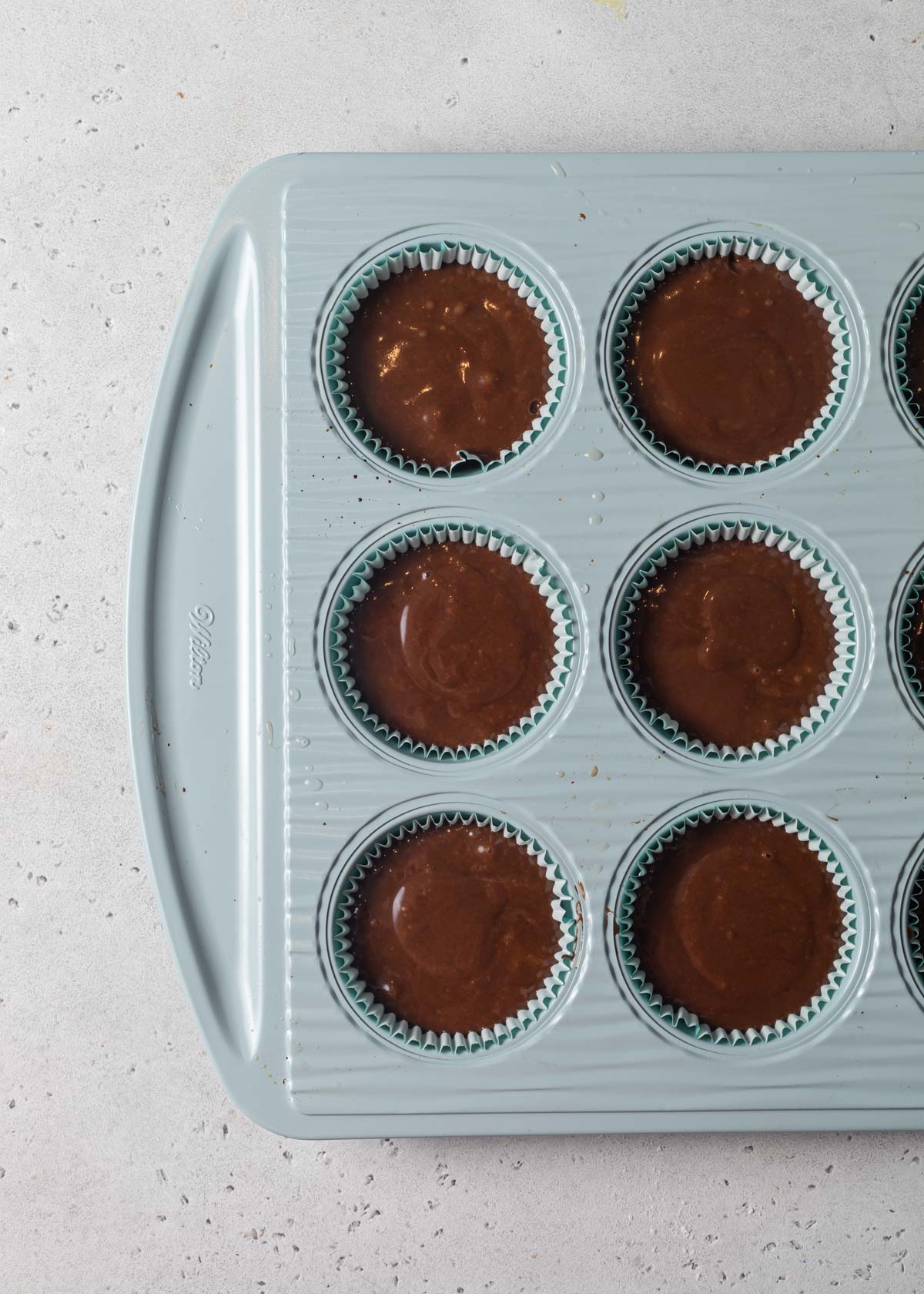 Chocolate cupcake batter ready for the oven