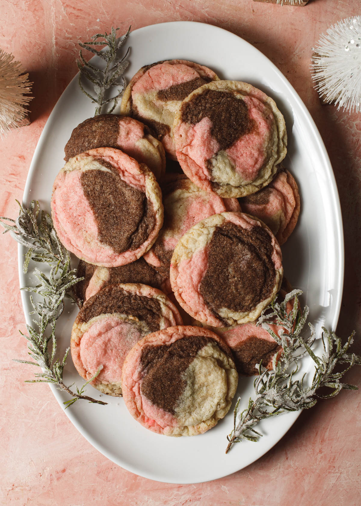 A platter of marbled chocolate coffee peppermint cookies