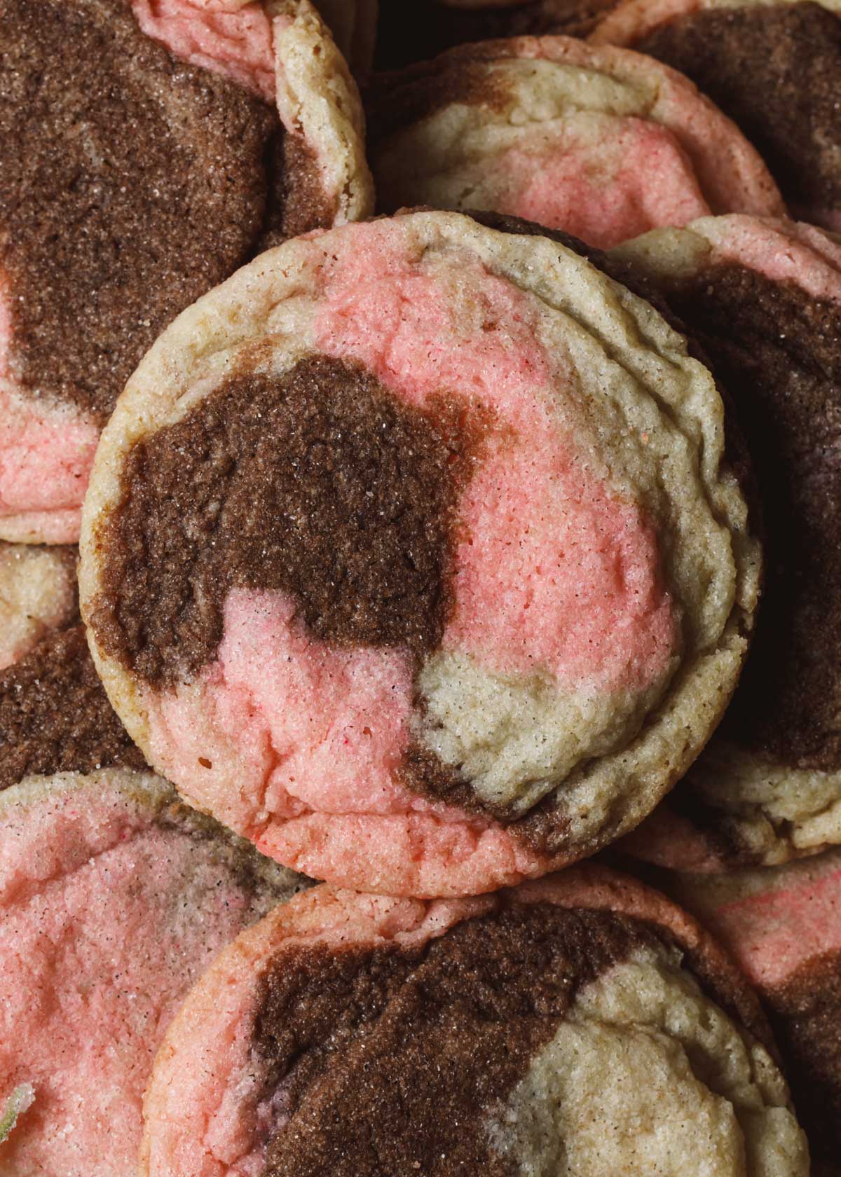 A close-up of a marble peppermint mocha sugar cookie