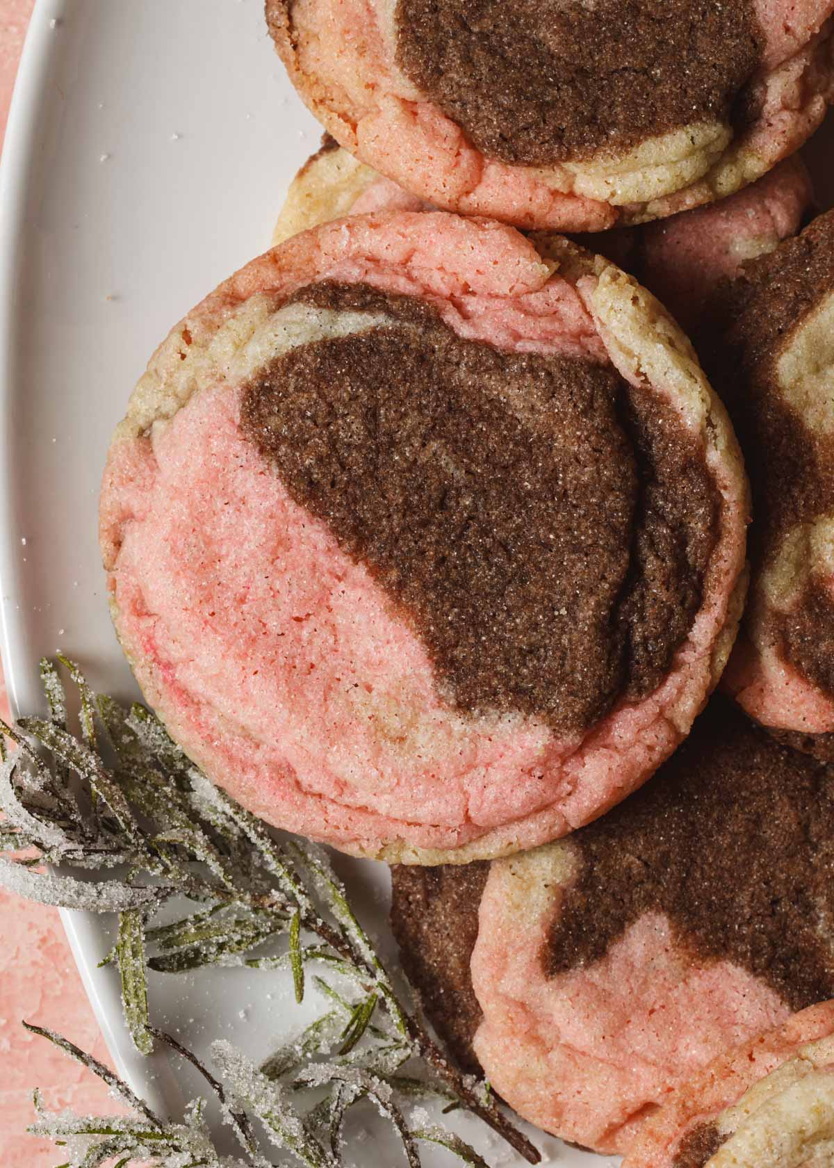 A close-up of a marble peppermint mocha sugar cookie