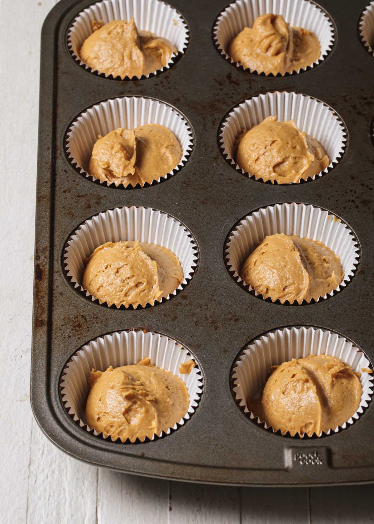 Gingerbread batter in a cupcake tin