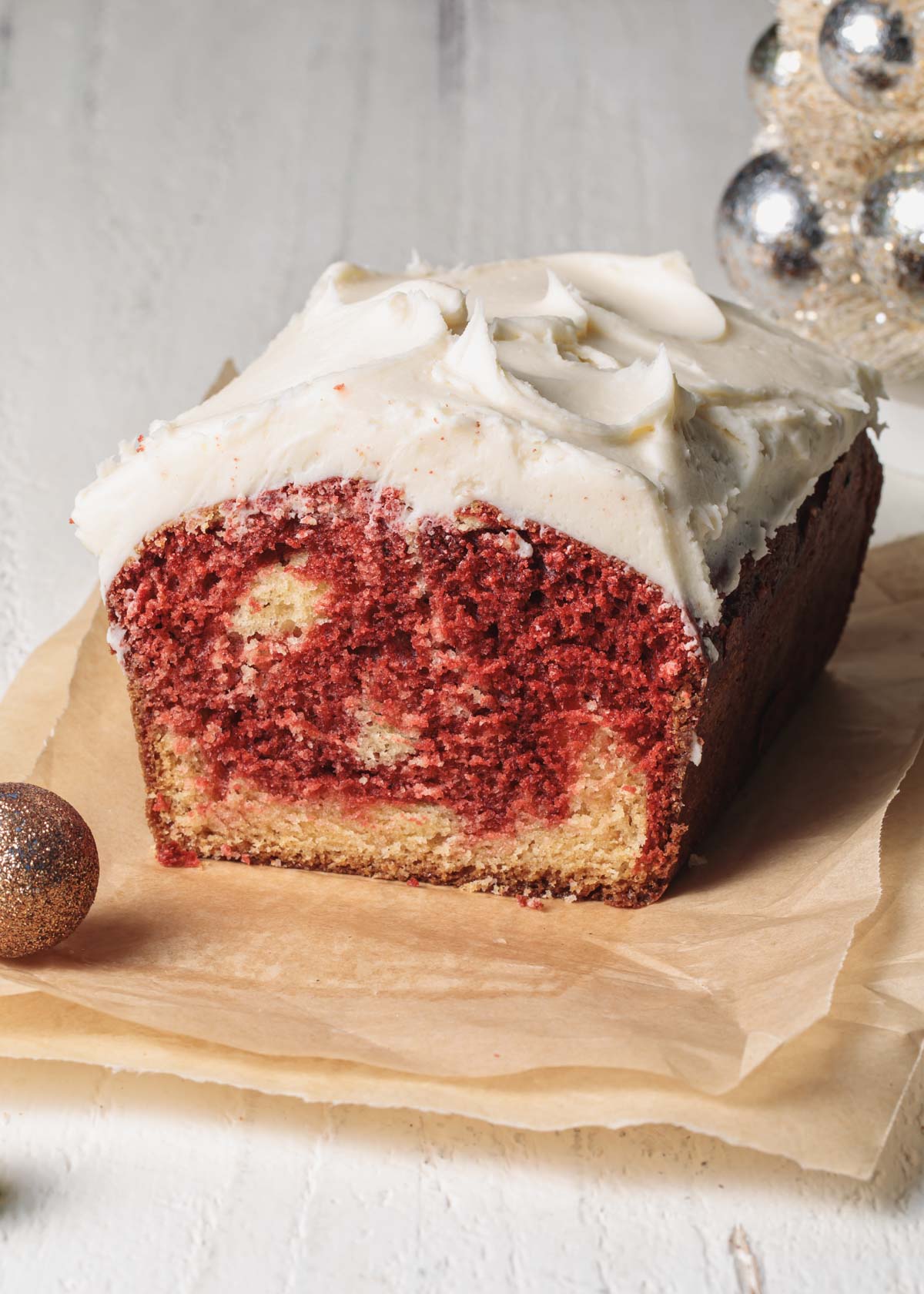 A cross-section view of a red velvet pound cake