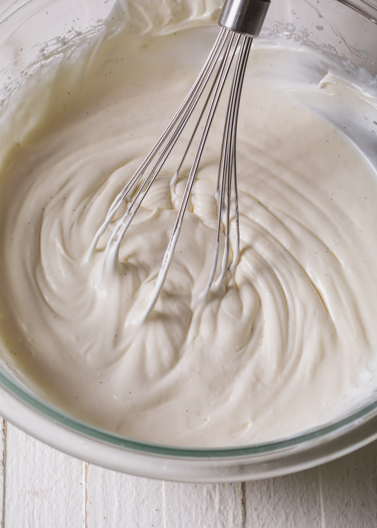 Whisking melted white chocolate ganache